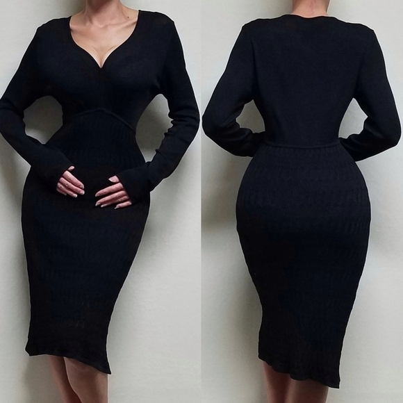 Vintage Dresses & Skirts - Vintage 90s Jones Wear Morticia Black Blousen Eyelet Knit V-neck Bodycon Dress